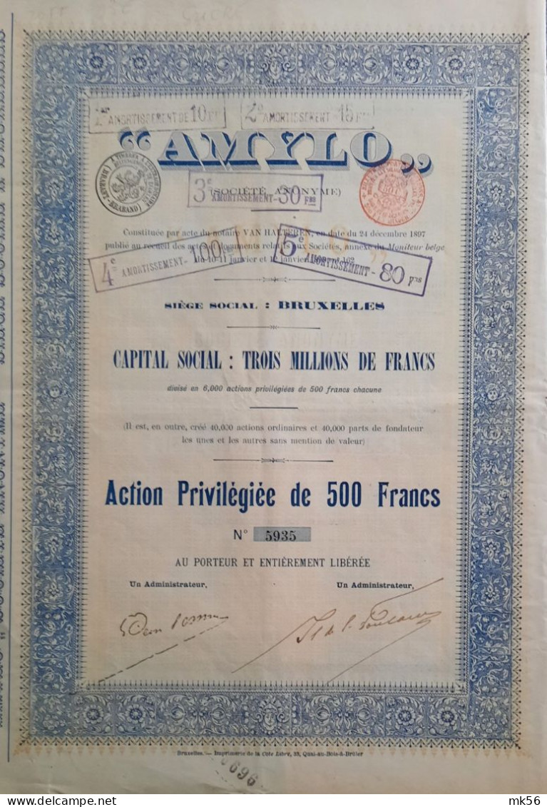 AMYLO - Bruxelles - 1897 ! - Action Priviligiée De 500 Francs - Landwirtschaft