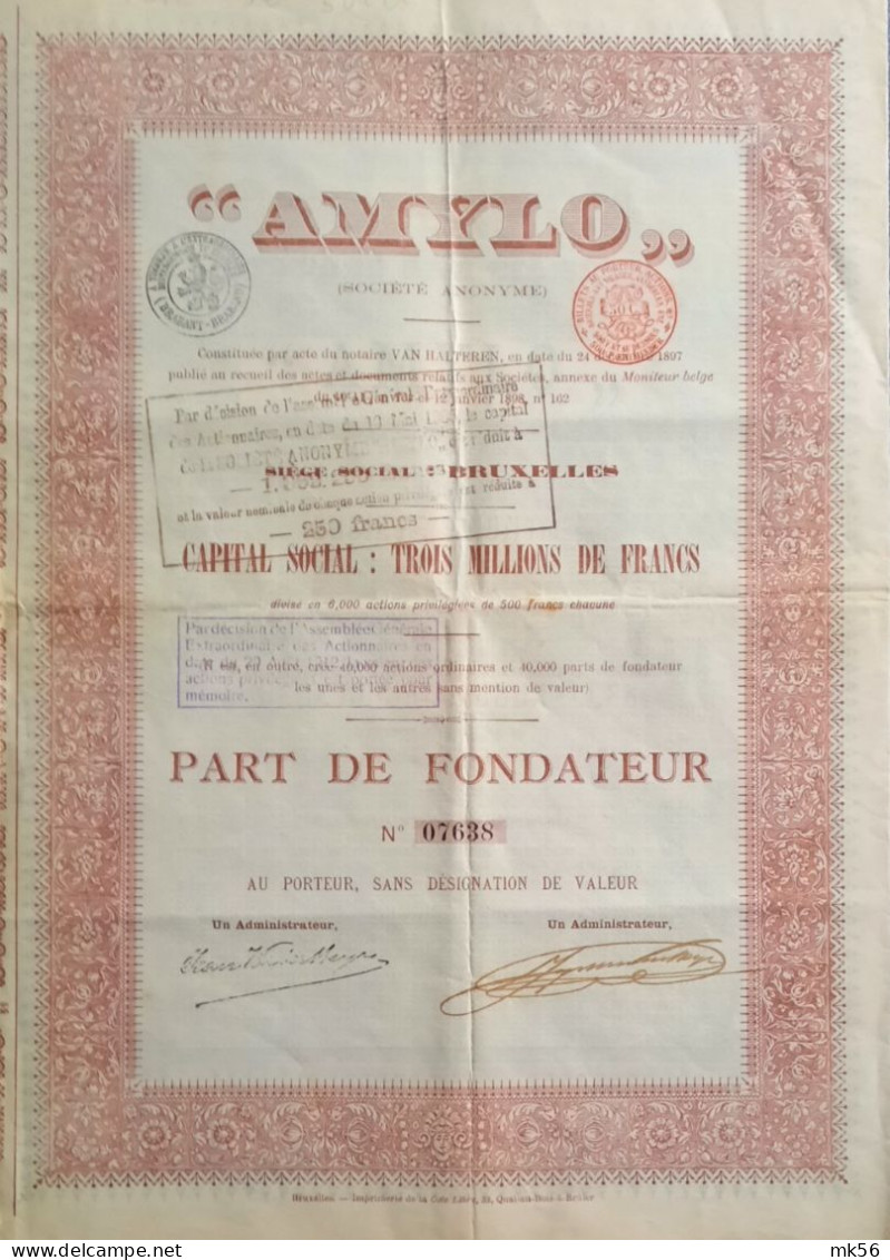 AMYLO - Bruxelles - 1897 ! - Part De Fondateur - Landwirtschaft