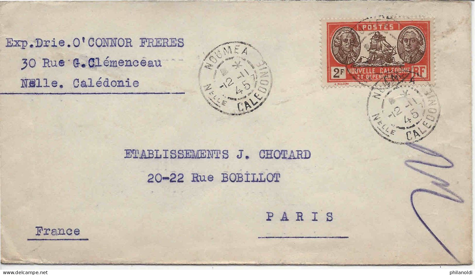 1945 Nouméa Nouvelle Calédonie Timbre 2 Francs Navire Seul Sur Lettre Pour Paris - Cartas & Documentos
