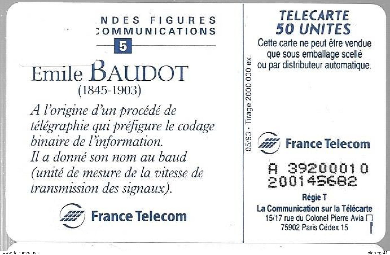 CARTE²°-PUBLIC-50U-F366E-SO 6-05/93-BAUDOT-FIGURE  TELECOM 5-T2G-2 LIGNES N° LASER-JG-N°Serie A 39200010-Utilisé-TBE - 1993