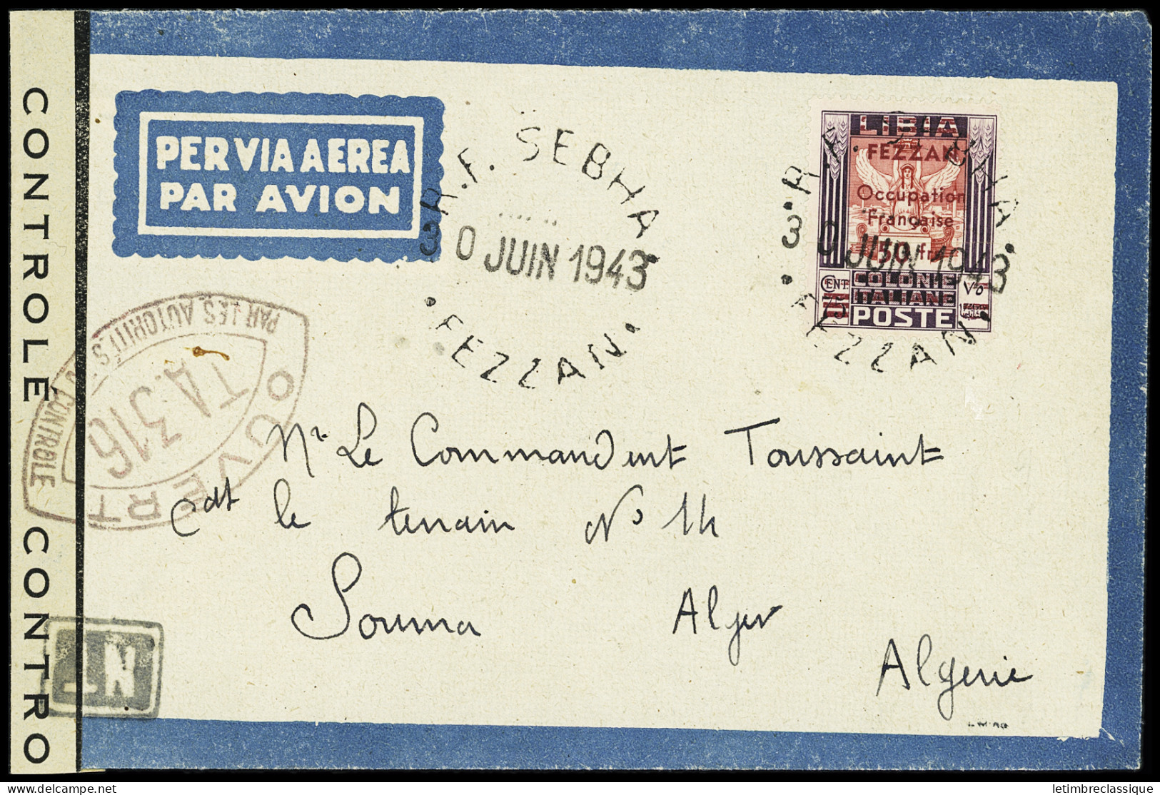 Lettre N°10 50f Sur 75c Violet Et Rouge Obl. Sebha 30 Juin 1943 Sur Lettre Censurée Pour Alger, Arr. 8.7.43, TTB, RR. Ce - Autres & Non Classés