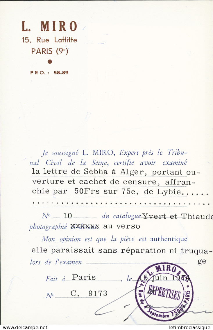 Lettre N°10 50f Sur 75c Violet Et Rouge Obl. Sebha 30 Juin 1943 Sur Lettre Censurée Pour Alger, Arr. 8.7.43, TTB, RR. Ce - Autres & Non Classés