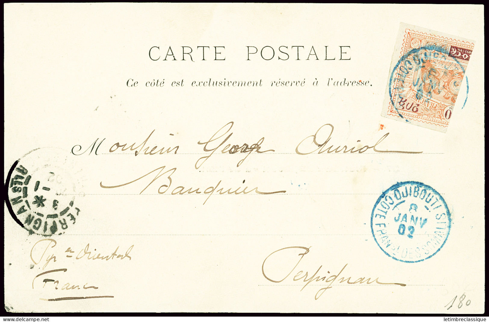 Sur Fragment,lettre N°53a, Demi-timbre OBL Djibouti (1902) Sur Carte Postale Pour Perpignan Avec Arrivée + 12 Fragments  - Sonstige & Ohne Zuordnung