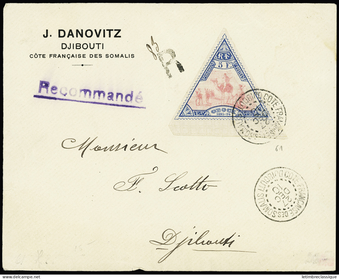 Devant De Lettre N°61 OBL Djibouti (1910) Sur Devant De Lettre Recommandée Locale. TB - Sonstige & Ohne Zuordnung