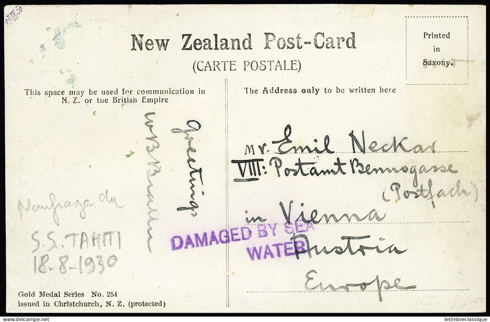 Lettre Nouvelle-Zélande N°171 OBL Auckland Sur Carte Postale Pour L'Autriche Avec Griffe Violette "Damaged By Sea Water" - Otros & Sin Clasificación