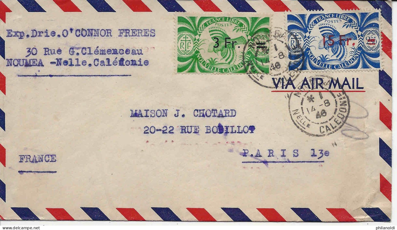 1946 Nouméa Nouvelle Calédonie Timbre Oiseau FRANCE LIBRE Surchargé 3 Fr. Et 15 Fr.  Sur Lettre Pour Paris - Cartas & Documentos