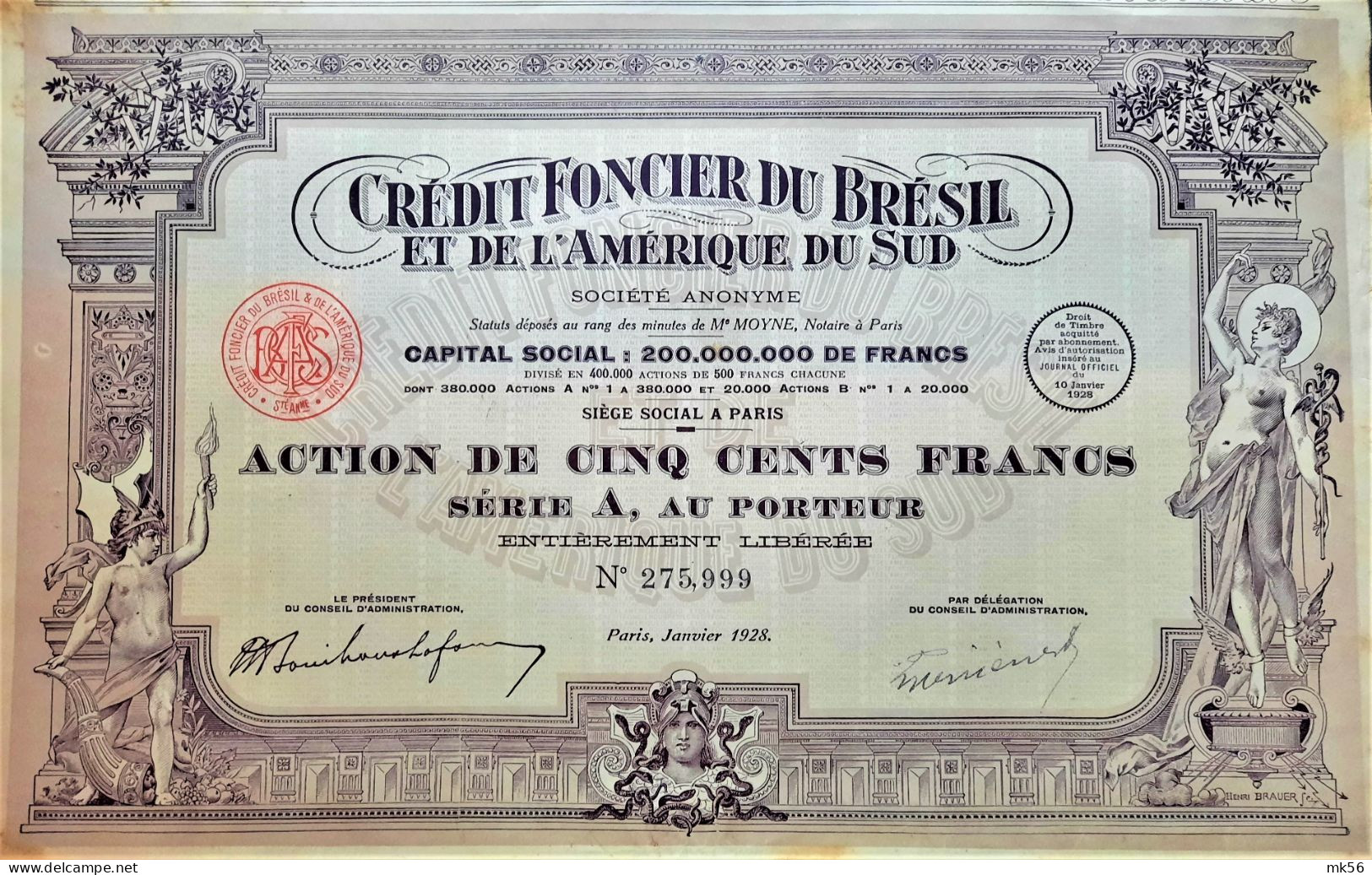 Credit Foncier Du Brésil Et De L'Amerique Du Sud - Action De 500 Francs Au Porteur - Série A - 1928 - Paris - Banco & Caja De Ahorros