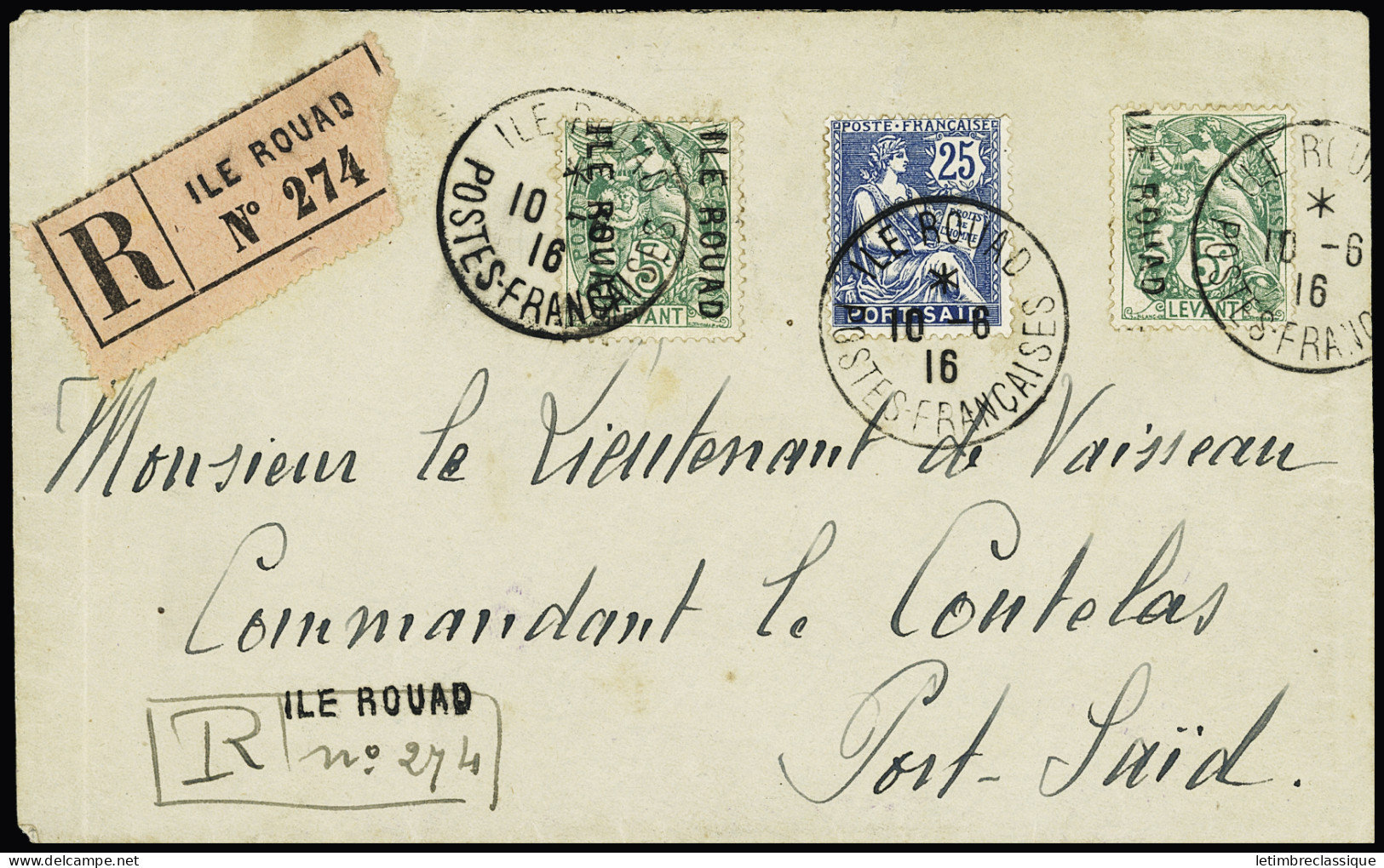 Lettre N°1 (2ex) + N°28 De PORT-SAID Obl. CàD Ile De Rouad Du 10 Juin 1916 Sur Lettre Recommandée Pour Port-Saïd, TB - Autres & Non Classés