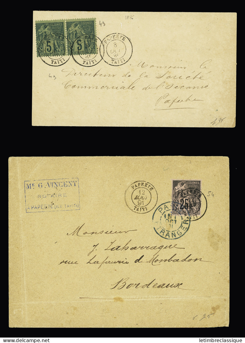 Lettre 2 Lettres : Col. Gen. N°49 En Paire OBL CAD "Papeete Taïti" (1886) Sur Imprimé Local Et Col Gen N°54 OBL CAD "Pap - Other & Unclassified