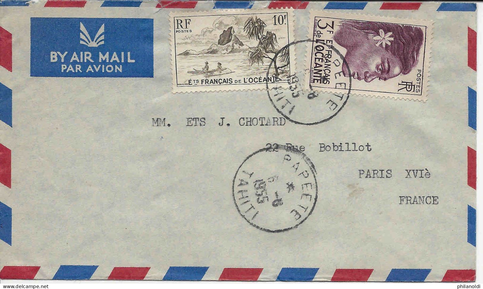 1955 Papeete Timbre à 10 Fr Pirogue Et 3 Fr Tête De Femme Sur Lettre Par Avion Pour Paris - Lettres & Documents