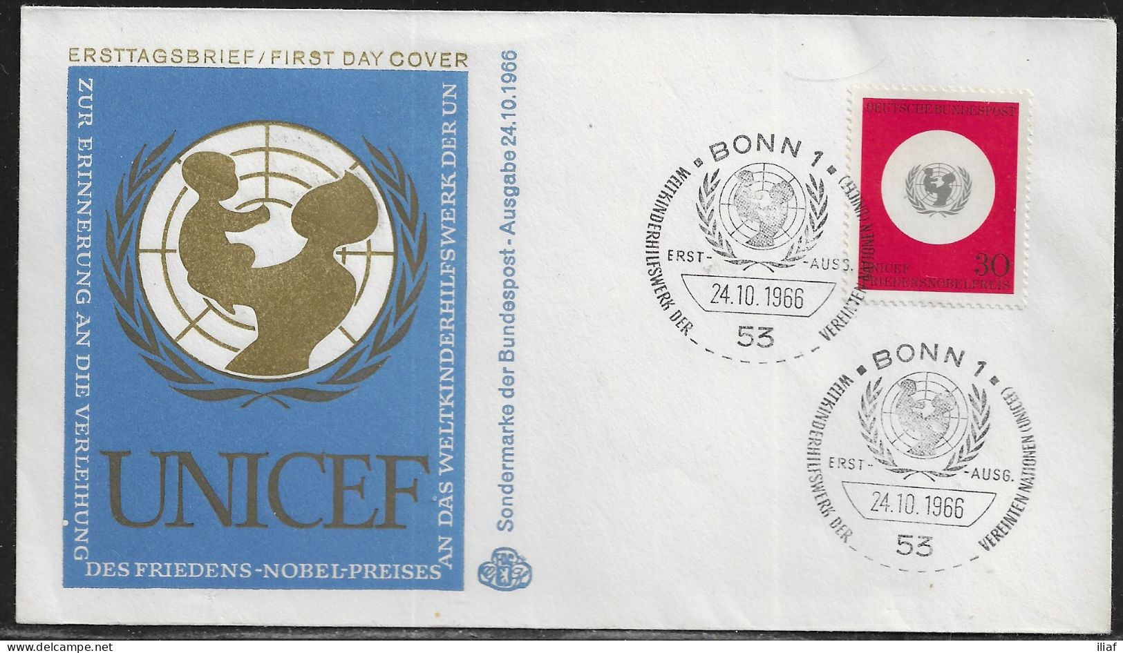 Germany. FDC Mi. 527. In Memory Of The Awarding Of The Nobel Peace Prize Of The UN World Children's Agency. FDC Cancel - 1961-1970