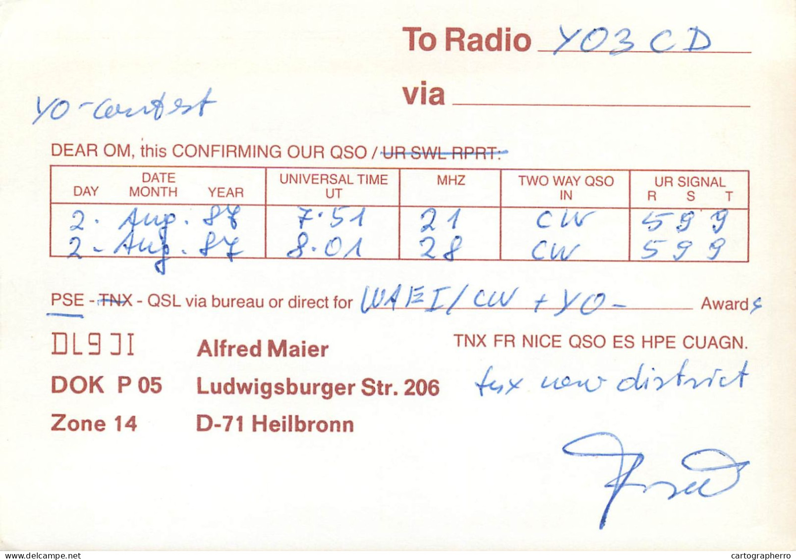 Germany Federal Republic Radio Amateur QSL Card Y03CD DL9JI - Radio Amatoriale