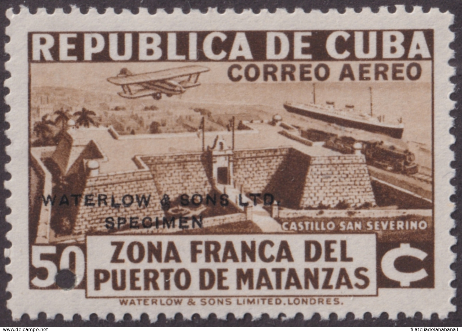 1936-431 CUBA REPUBLICA MNH 1936 50c AIR ZONA FRANCA COLOR PROOF WATERLOOW.  - Nuevos
