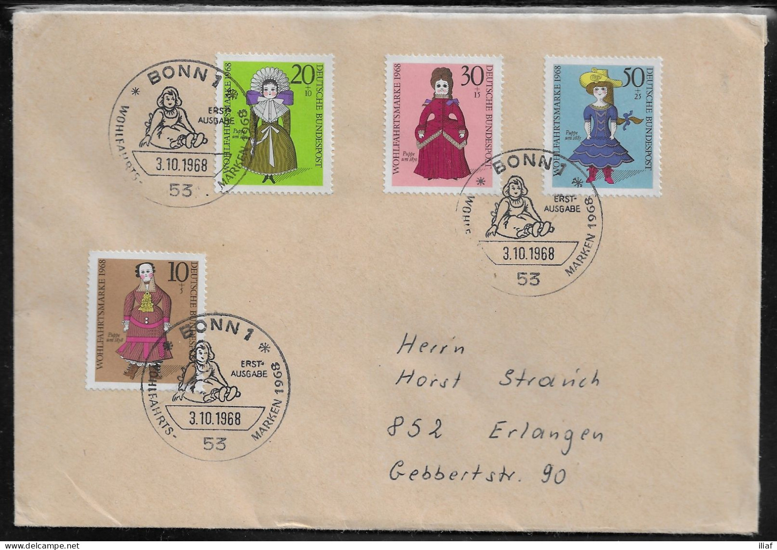 Germany. FDC Sc. B438-B441.   Welfare: Standing Dolls.  FDC Cancellation on Plain Envelope - 1961-1970