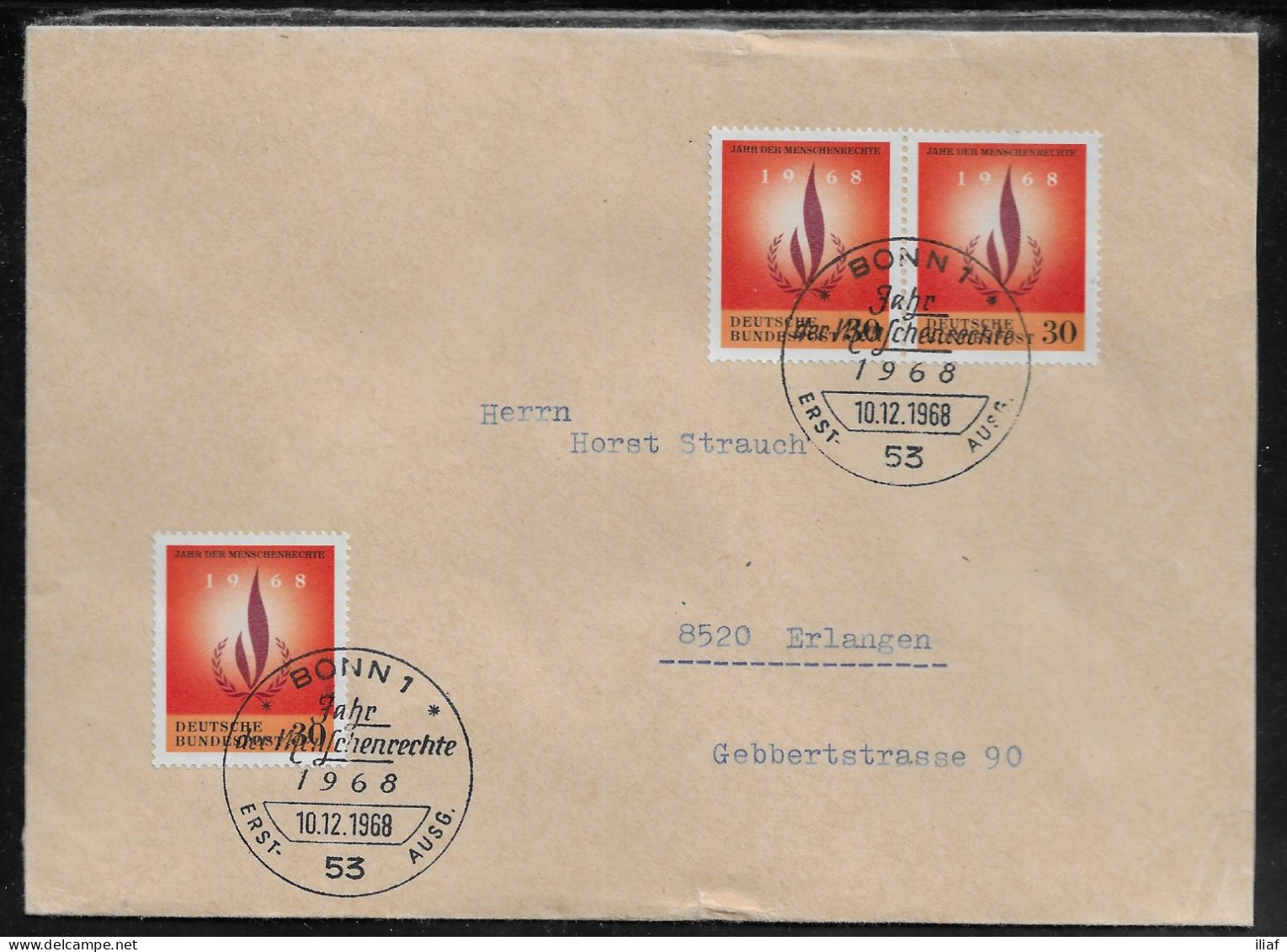 Germany. FDC Sc. 992.   International Human Rights Year.  FDC Cancellation On Plain Envelope. - 1961-1970