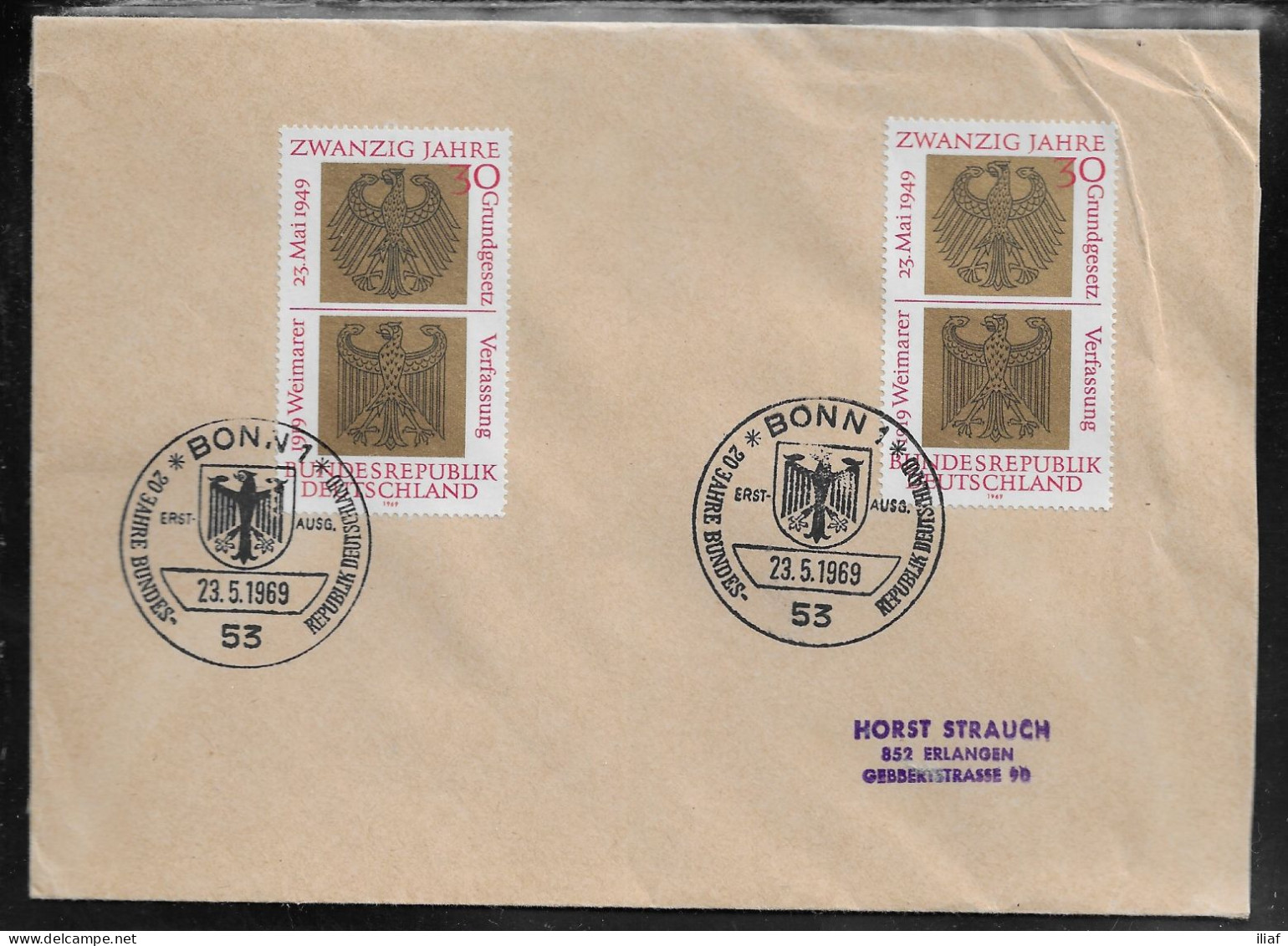 Germany. FDC Sc. 998.   Heraldic Eagles Of Federal And Weimar Republics.  FDC Cancellation on Plain Envelope. - 1961-1970