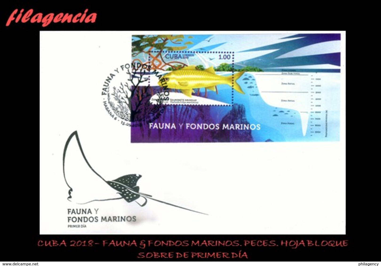 CUBA SPD-FDC. 2018-14 FAUNA & FONDOS MARINOS. PECES. HOJA BLOQUE - FDC