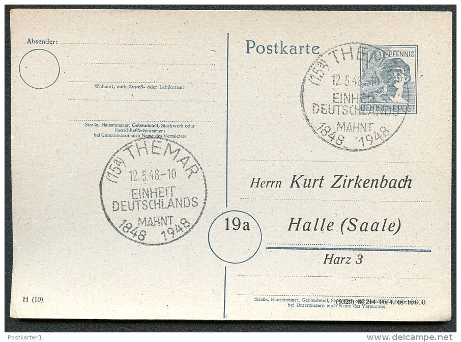 P962/06 Postkarte ZUDRUCK Zirkenbach Halle Sost.EINHEIT DEUTSCHLANDS Themar 1948Kat.5,00 € - Interi Postali