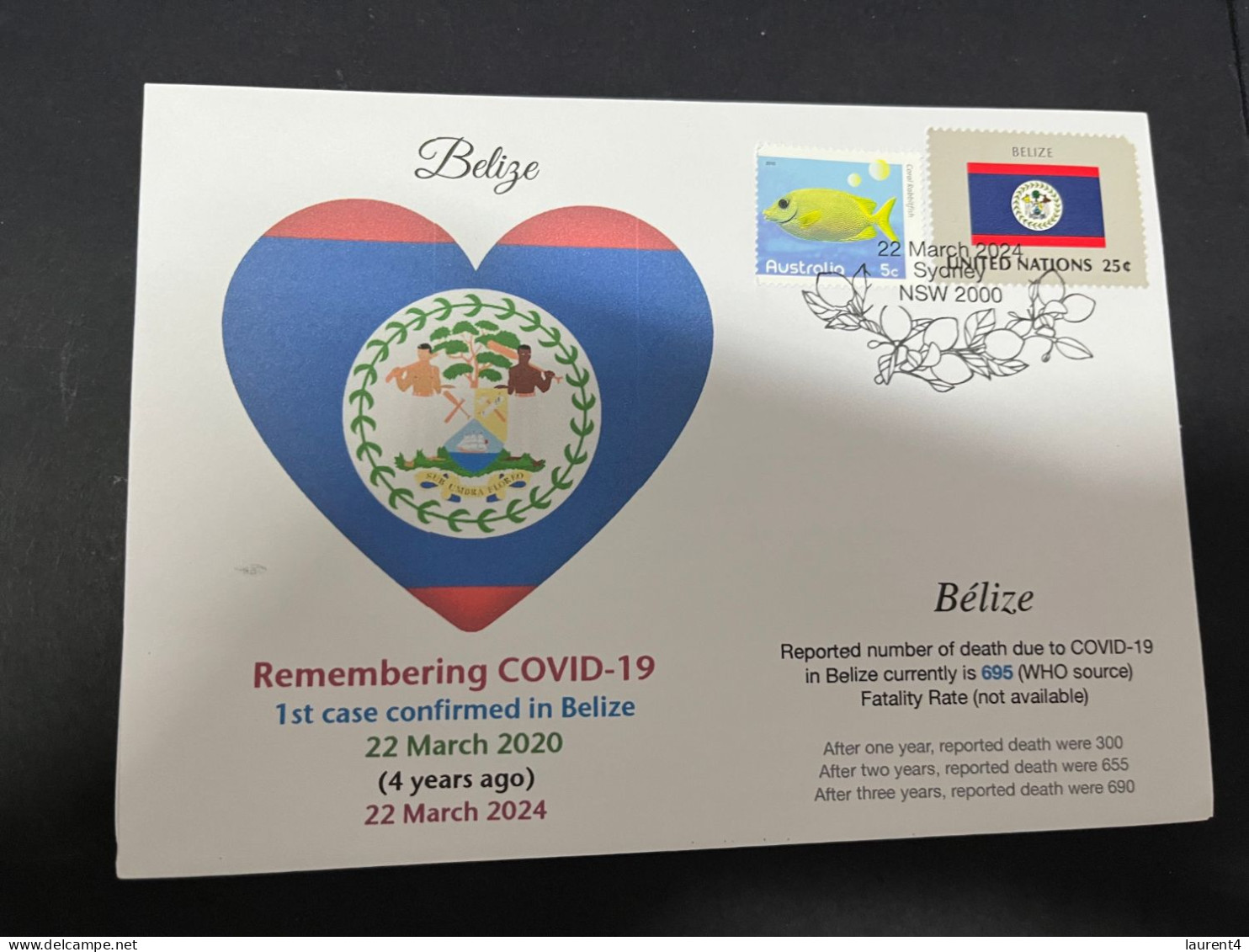 23-3-2024 (3 Y 44) COVID-19 4th Anniversary - Belize - 23 March 2024 (with Belize UN Flag Stamp) - Malattie