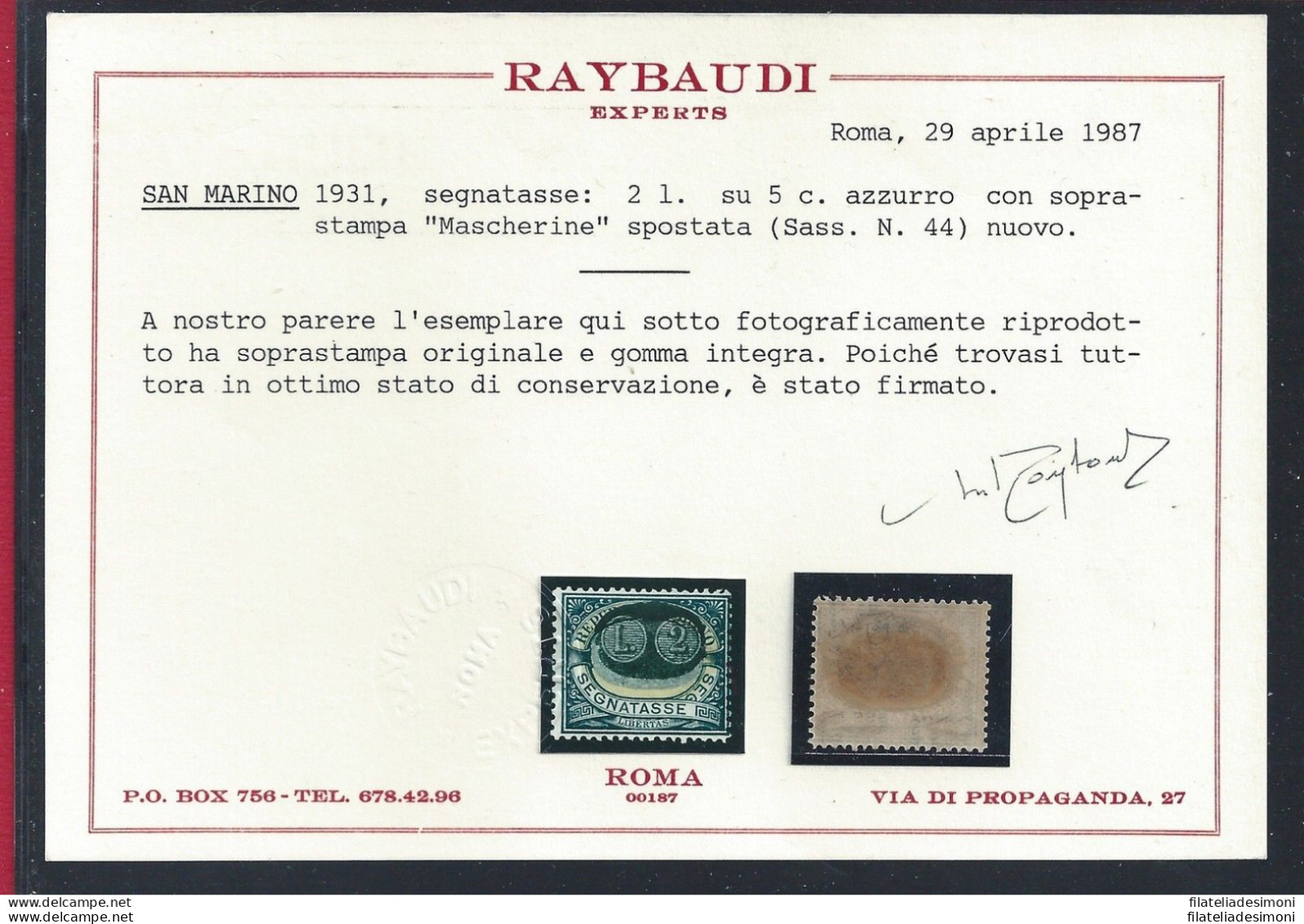 1931 SAN MARINO, Tasse N° 44b MNH/** Cert. Raybaudi - Variétés Et Curiosités