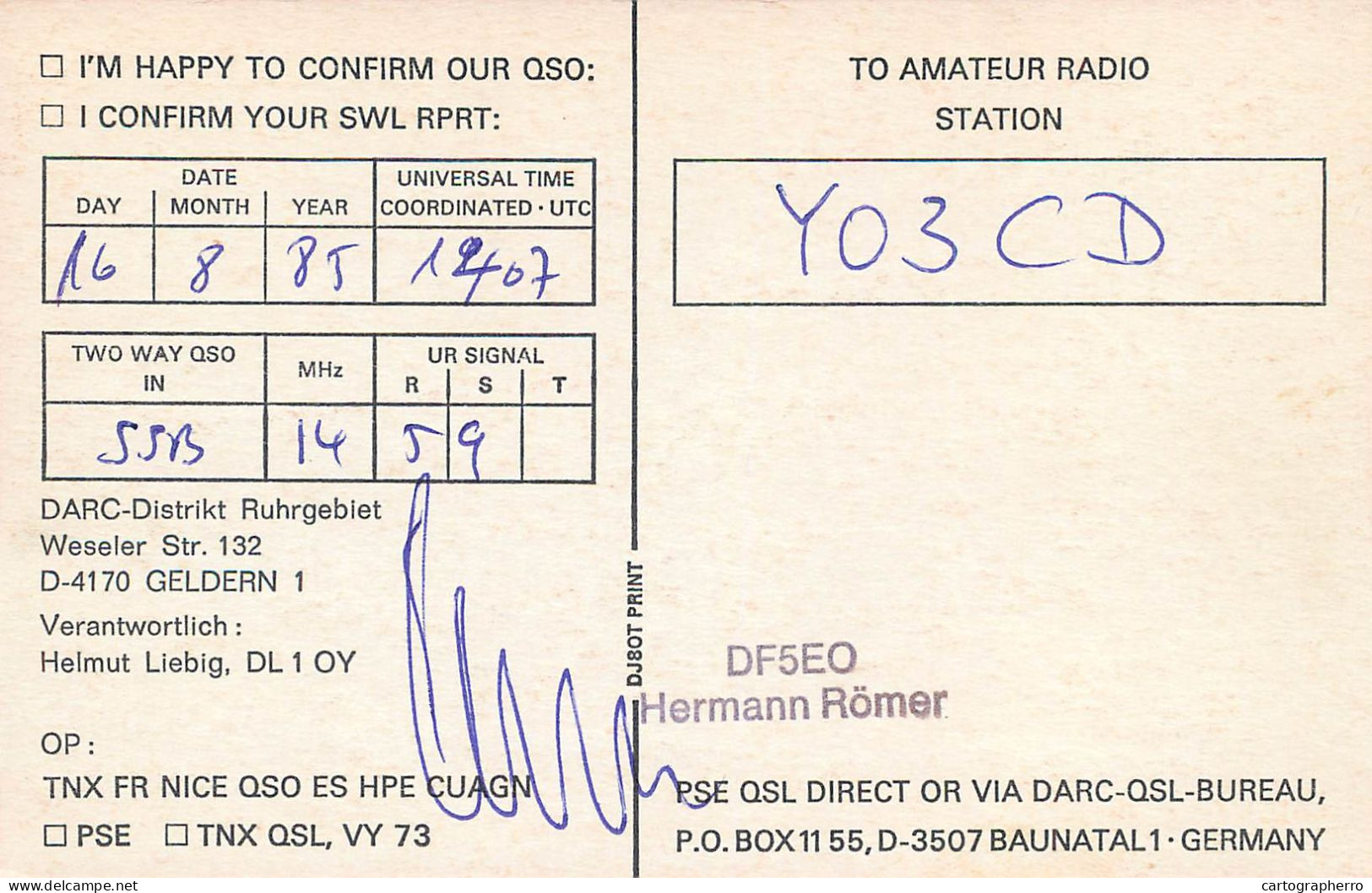 Germany Federal Republic Radio Amateur QSL Card Y03CD DL0DRG - Radio Amatoriale