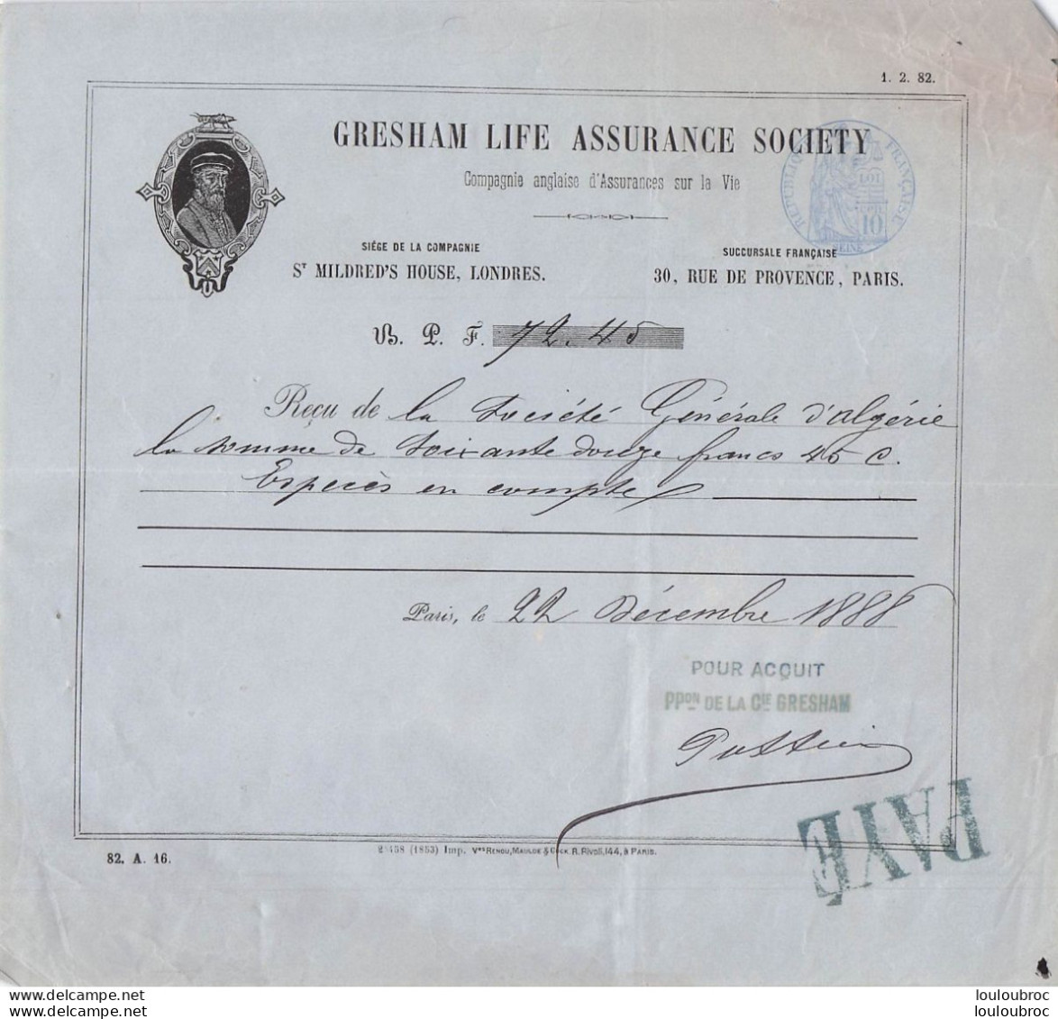 GRESHAM LIFE ASSURANCE SOCIETY  ASSURANCE VIE 1888 - 1800 – 1899