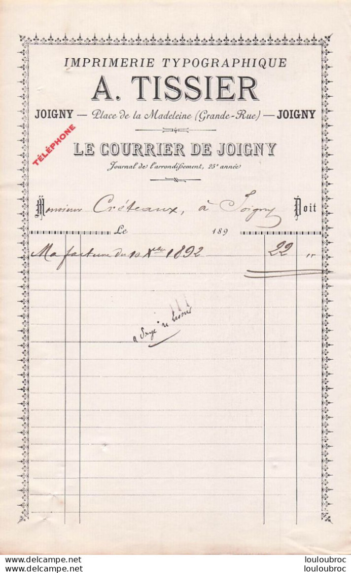 JOIGNY YONNE 1892 A.  TISSIER IMPRIMERIE  LE COURRIER DE JOIGNY - 1800 – 1899