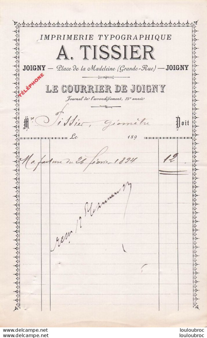 JOIGNY YONNE 1894  A.  TISSIER IMPRIMERIE  LE COURRIER DE JOIGNY R1 - 1800 – 1899