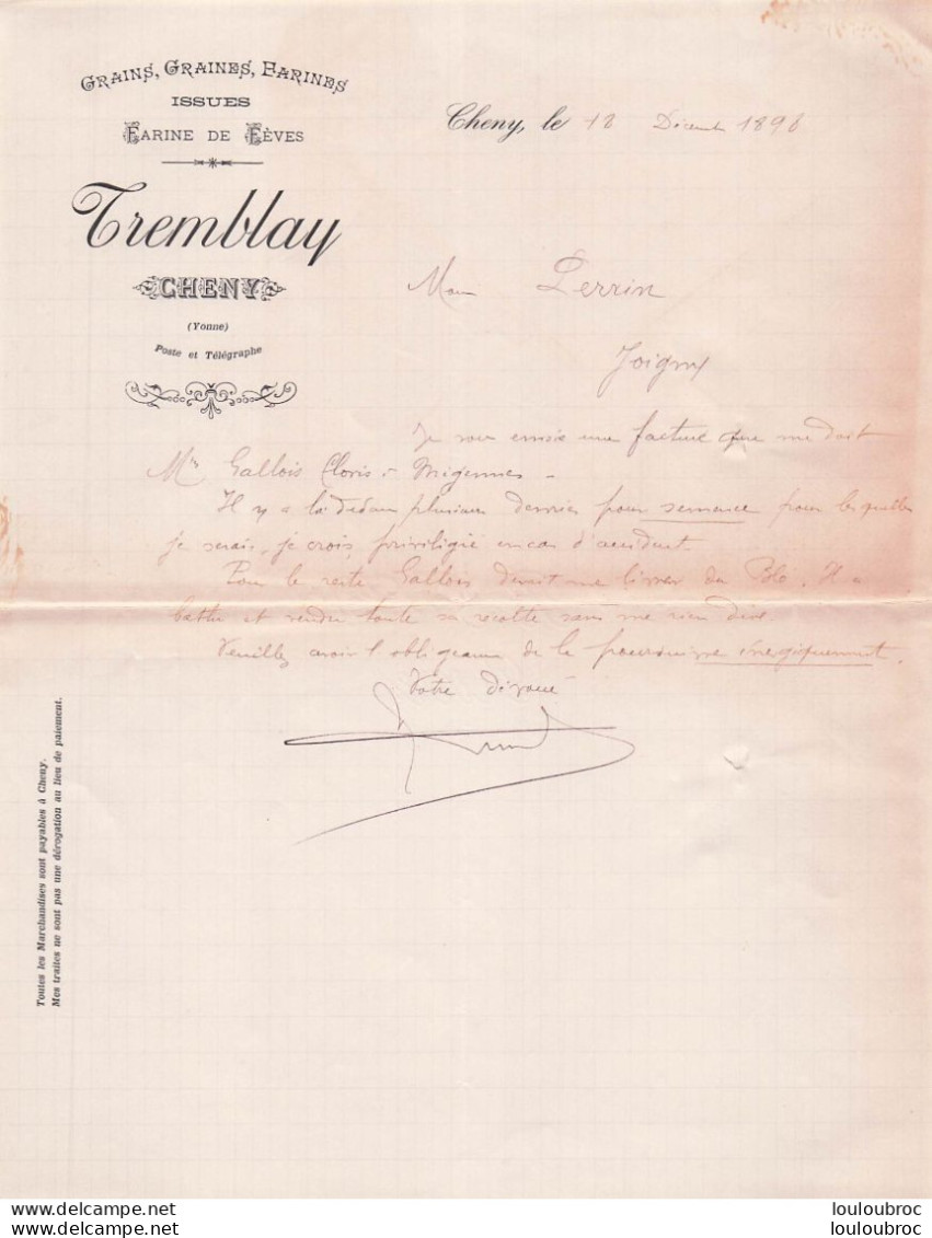 CHENY YONNE 1898 TREMBLAY GRAINS GRAINES FARINES - 1800 – 1899