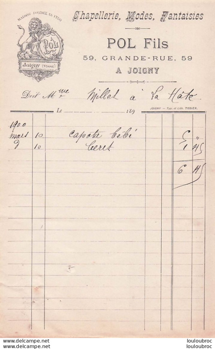 JOIGNY YONNE 1899 POL FILS CHAPELLERIE MODES - 1800 – 1899