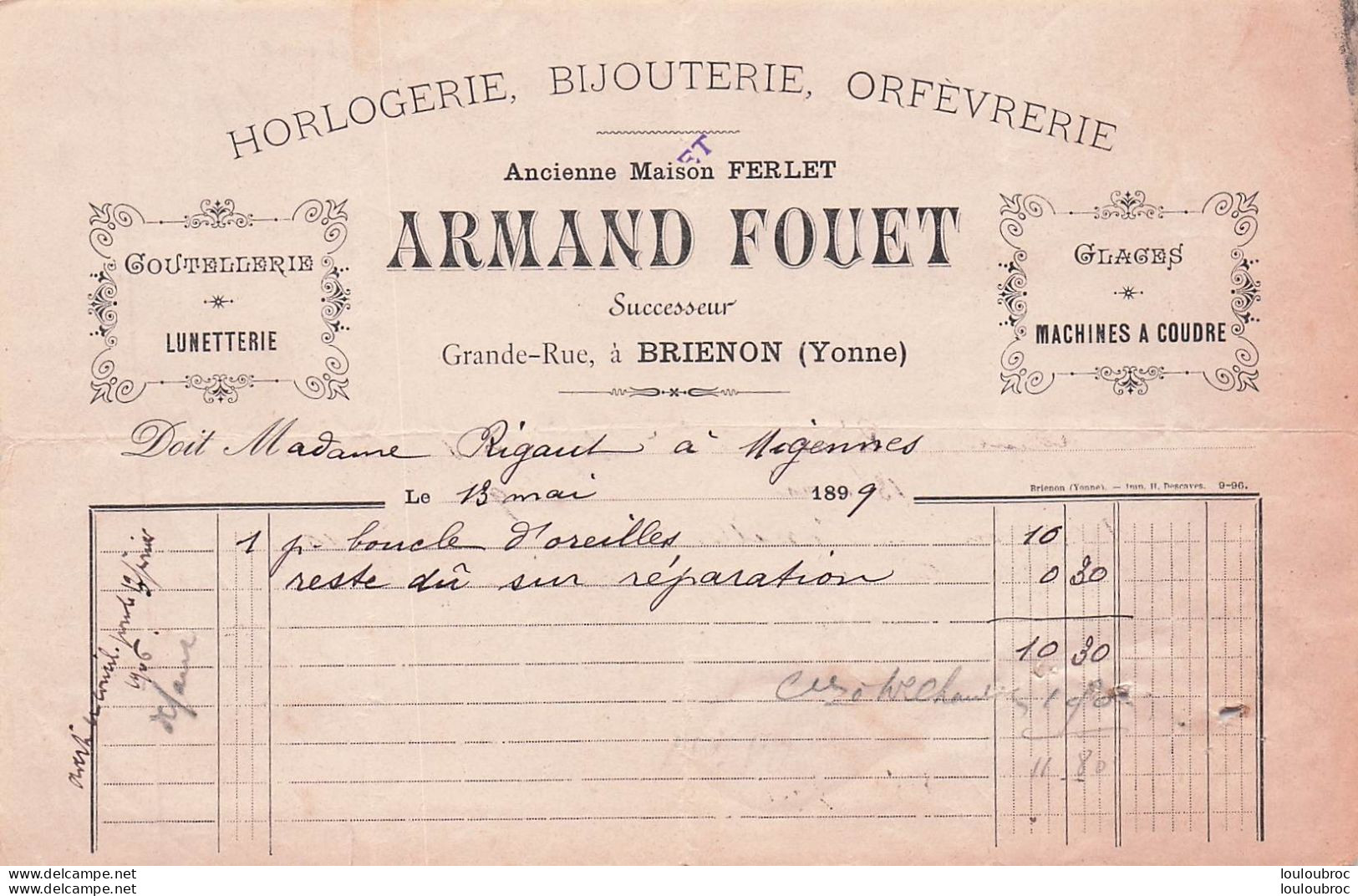 BRIENON YONNE 1899 ARMAND FOUET HORLOGERIE BIJOUTERIE ORFEVRERIE - 1800 – 1899