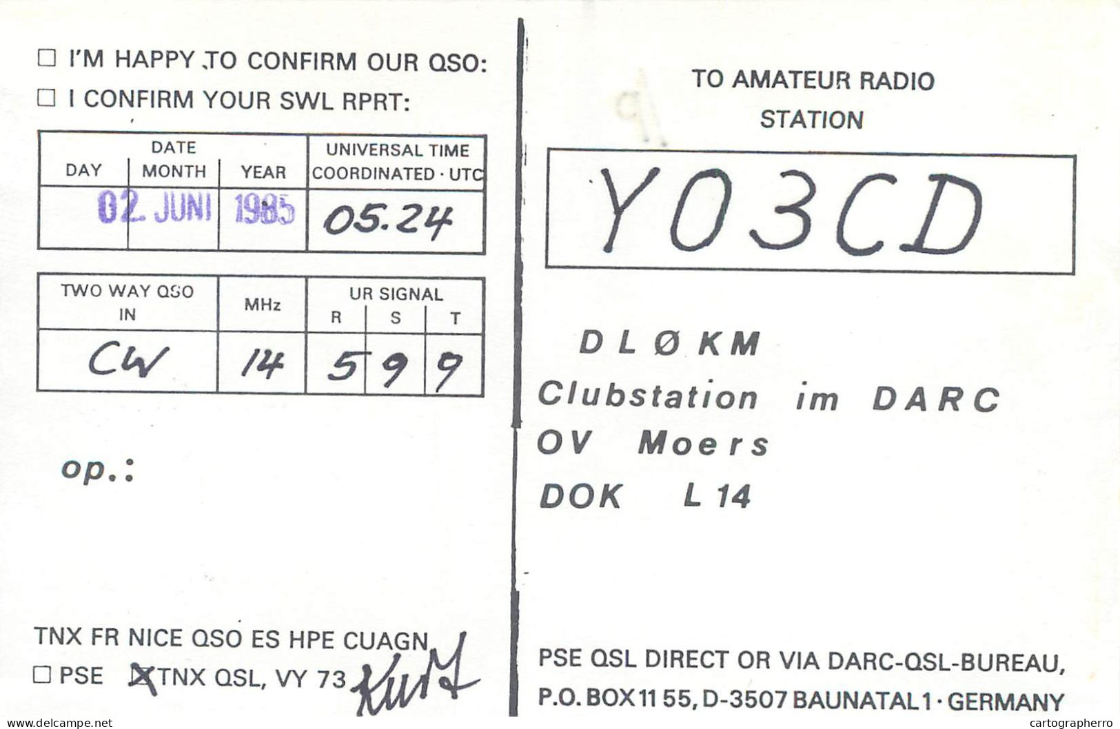 Germany Federal Republic Radio Amateur QSL Card Y03CD DL0KM - Radio Amatoriale