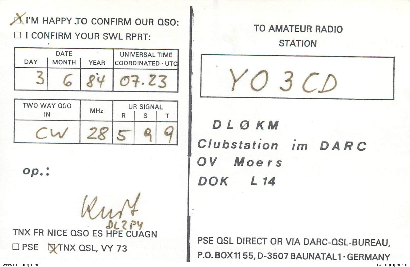 Germany Federal Republic Radio Amateur QSL Card Y03CD DL0KM - Radio Amatoriale