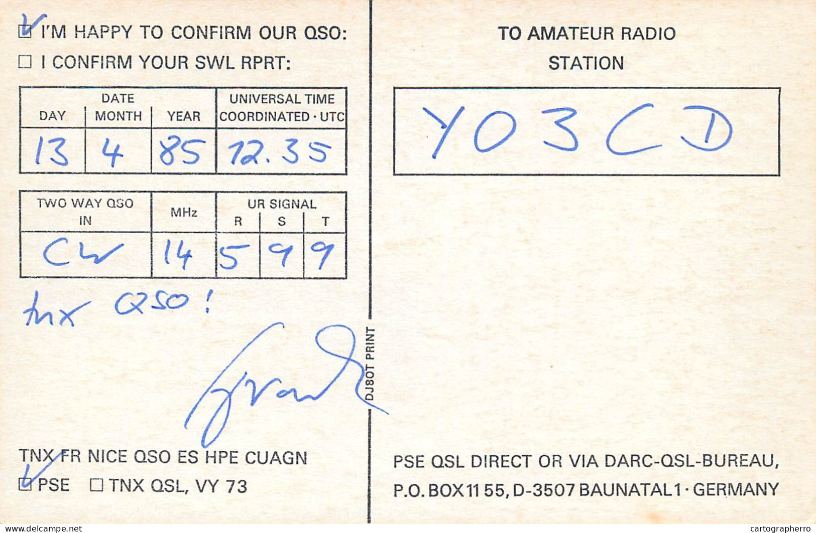 Germany Federal Republic Radio Amateur QSL Card Y03CD DL8ZAW - Radio Amatoriale