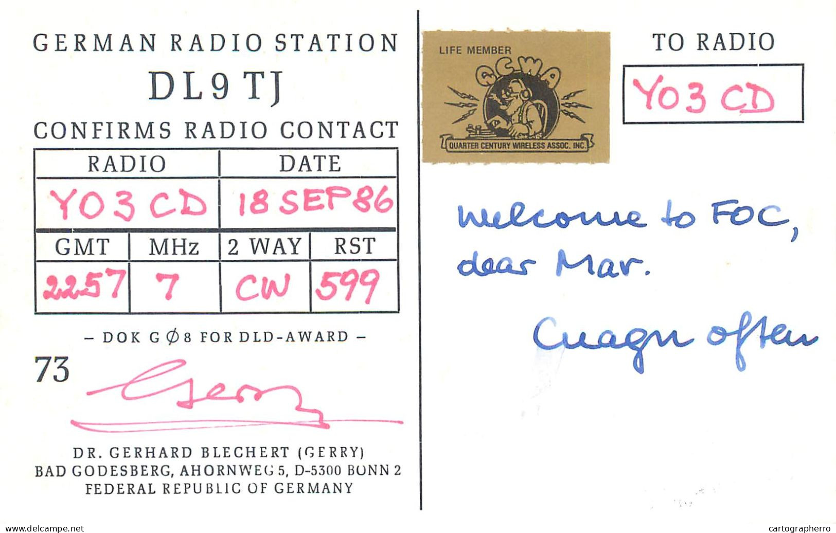 Germany Federal Republic Radio Amateur QSL Card Y03CD DL9TJ - Radio Amateur