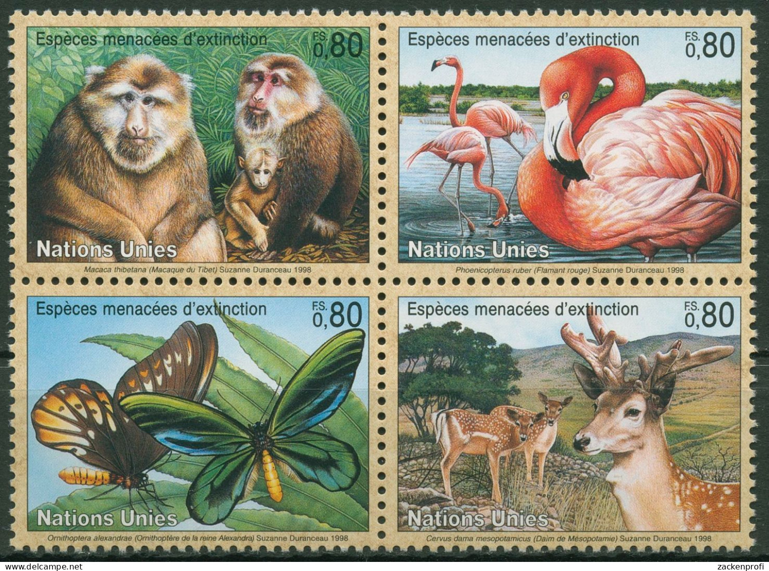 UNO Genf 1998 Gefährdete Tiere Affe Flamingo Falter Hirsch 330/33 ZD Postfrisch - Unused Stamps