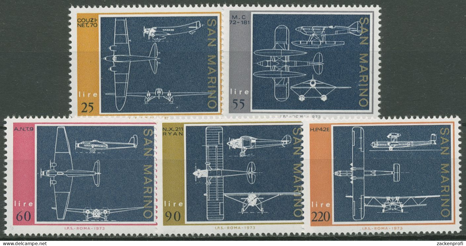 San Marino 1973 Flugzeuge Konstruktionszeichnungen 1041/45 Postfrisch - Ungebraucht