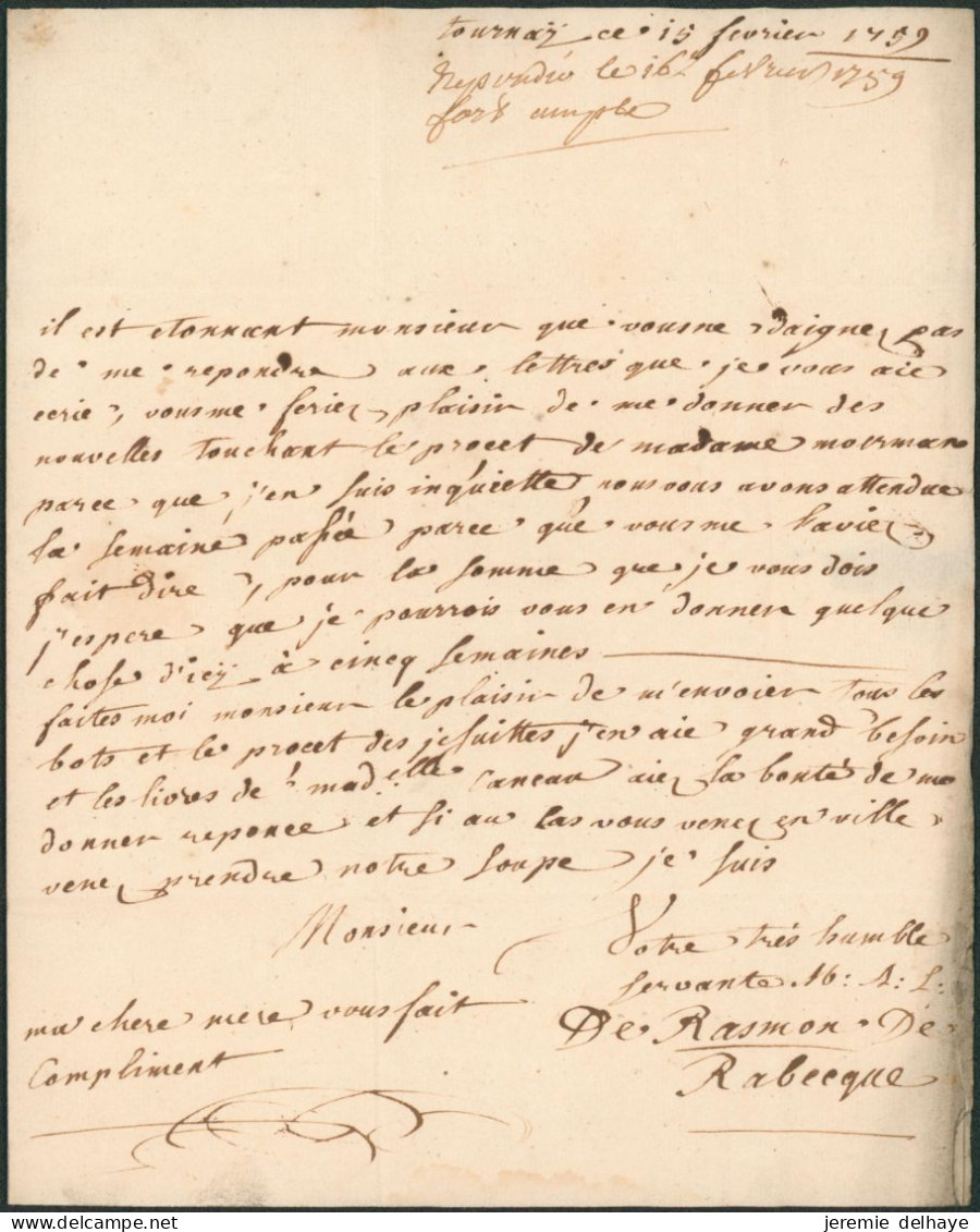 Précurseur - LAC Datée De Tournay (1759) > Coyghem + Manuscrit "Sitot Sitot / Port Paier" (2 Lignes). - 1714-1794 (Paesi Bassi Austriaci)