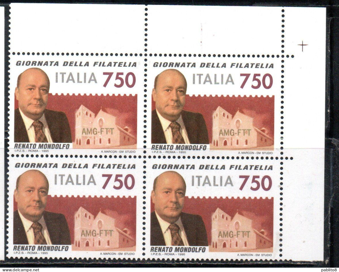 ITALIA REPUBBLICA ITALY REPUBLIC 1995 GIORNATA DELLA FILATELIA RENATO MONDOLFO STAMP DAY QUARTINA ANGOLO DI FOGLIO MNH - 1991-00: Neufs