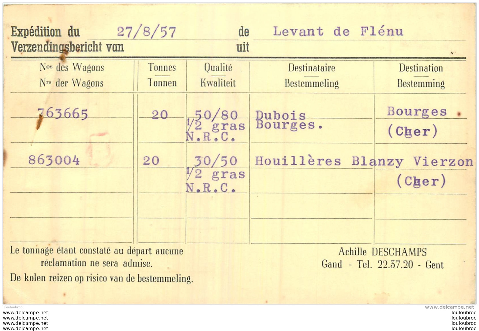GENT GAND ACHILLE DESCHAMPS CHARBONS COKES MAZOUT KOLEN  1957 - Gent