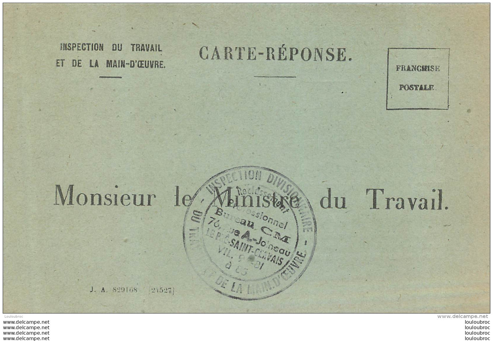 OFFICE REGIONAL DU TRAVAIL DE PARIS CARTE REPONSE 1948 VOIR LES DEUX SCANS - Documents Historiques