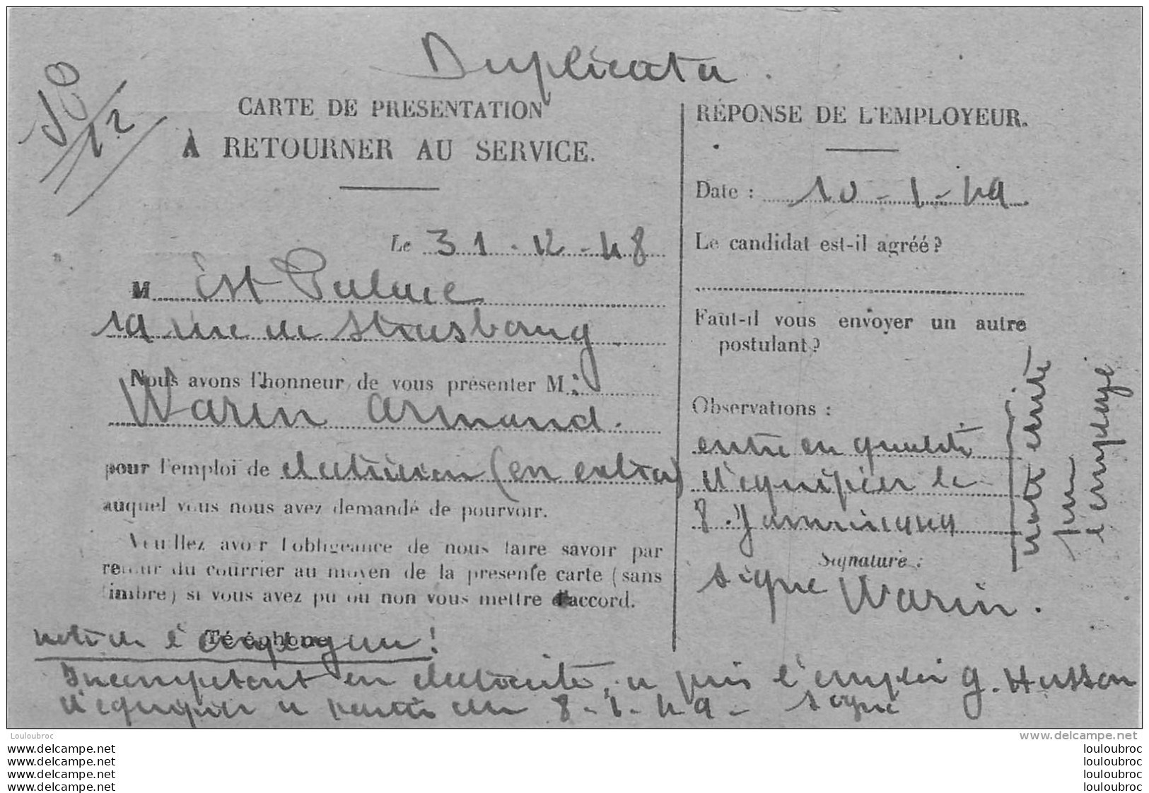 OFFICE REGIONAL DU TRAVAIL DE PARIS CARTE REPONSE 1948 VOIR LES DEUX SCANS - Documents Historiques