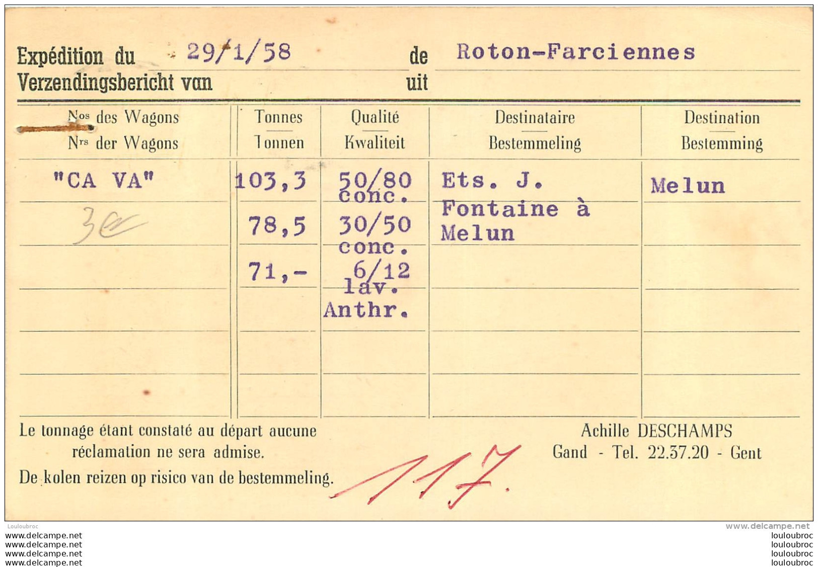 CARTE ENVOI DE ROTON FARCIENNES CHARBONS ACHILLE DESCHAMPS A GAND - Farciennes