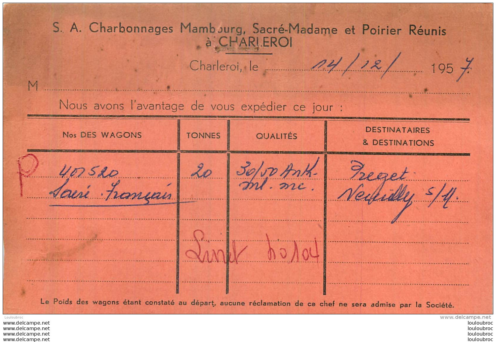 CHARLEROI  SA CHARLEROI MAMBOURG SACRE-MADAME ET POIRIER REUNIS 1957 CARTE EXPEDITION - Charleroi