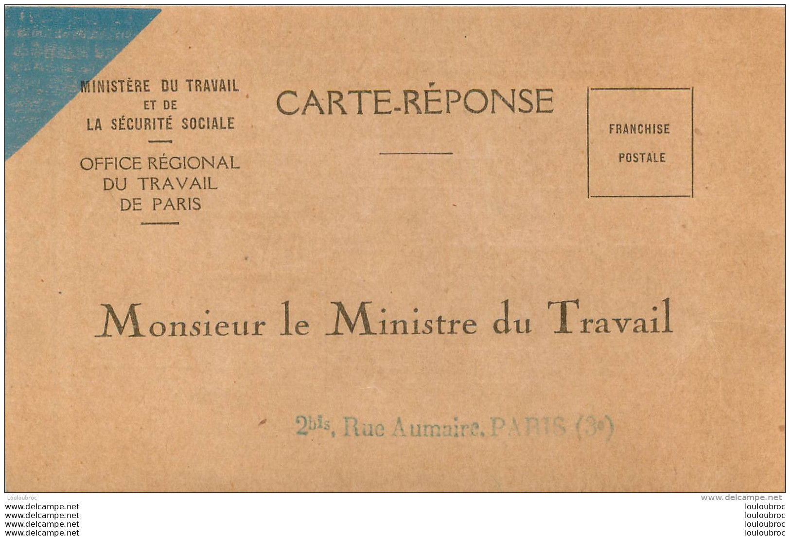 OFFICE REGIONAL DU TRAVAIL DE PARIS CARTE REPONSE   PLACE DE VALET DE CHAMBRE  VOIR LES DEUX SCANS - Historische Documenten