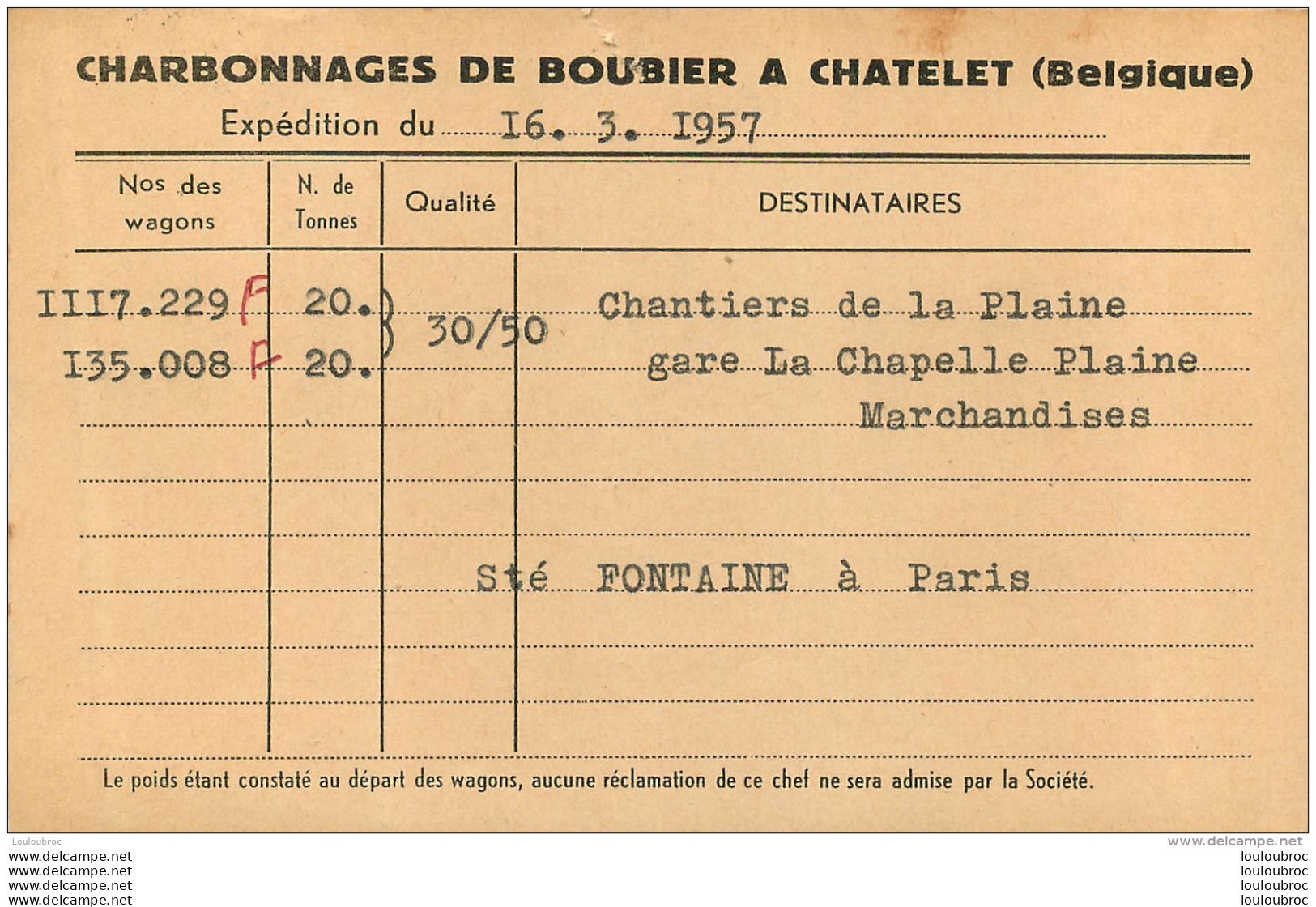 CHATELET  CHARBONNAGES DE BOUBIER 1957  CARTE EXPEDITION - Chatelet