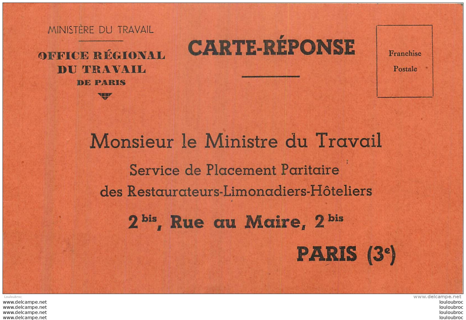 OFFICE REGIONAL DU TRAVAIL DE PARIS CARTE REPONSE 1945 VOIR LES DEUX SCANS - Documents Historiques