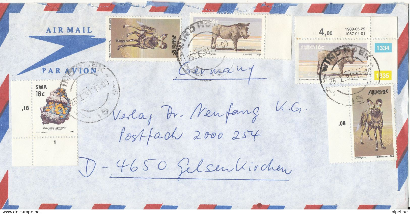 South West Africa Air Mail Cover Sent To Germany Windhoek 25-1-1995 Topic Stamps - Namibië (1990- ...)