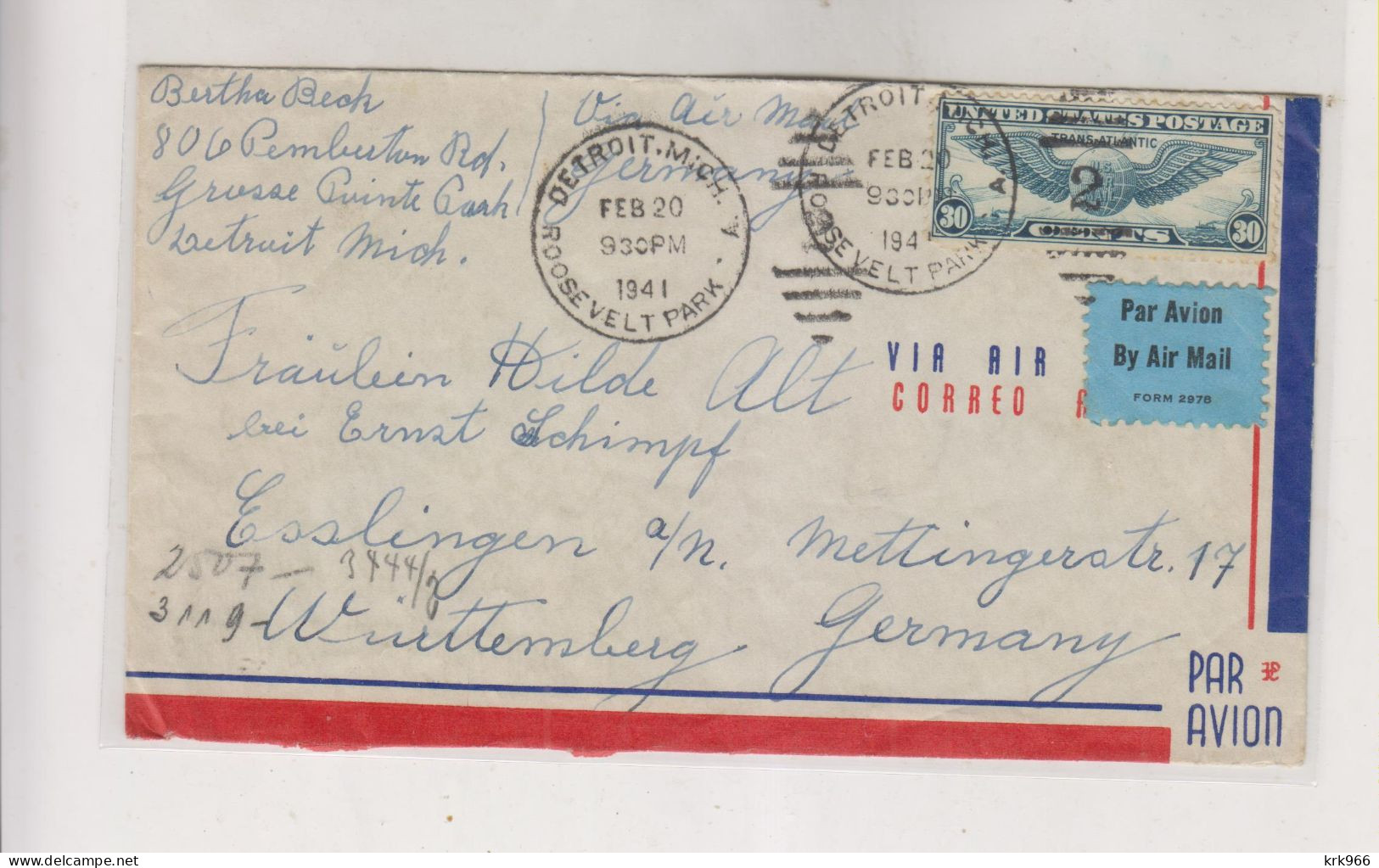 UNITED STATES 1941 DETROIT Airmail Censored Cover To Germany - 2c. 1941-1960 Briefe U. Dokumente