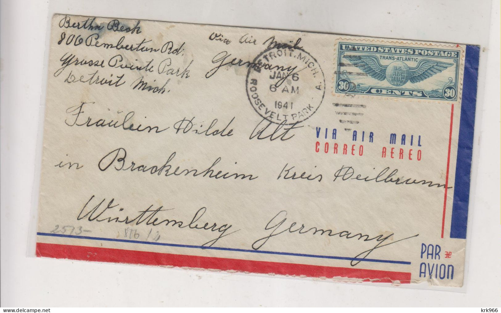 UNITED STATES 1941 DETROIT Airmail Censored Cover To Germany - 2c. 1941-1960 Briefe U. Dokumente